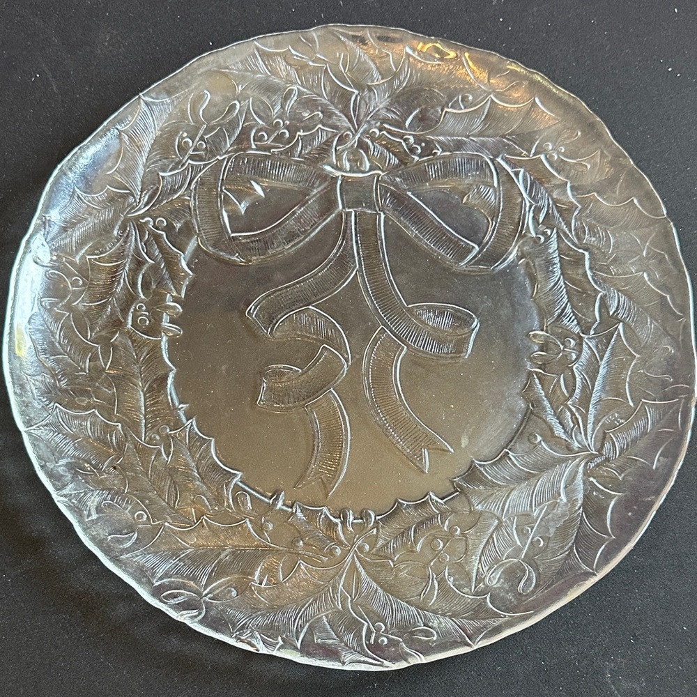 Holiday Glass Decorative Platter with Holly Ribbon Design